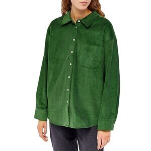 Donni Twill Corduroy Collared Long-Sleeved Button-Down Shirt Green Pine Size S